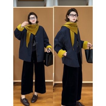 Yyouhan 2025 autumn lucerne blue contrast color lined single-breasted cotton jacket 2509c5895 Yyouhan 2025 autumn lucerne blue contrast color lined single-breasted cotton jacket 2509c5895