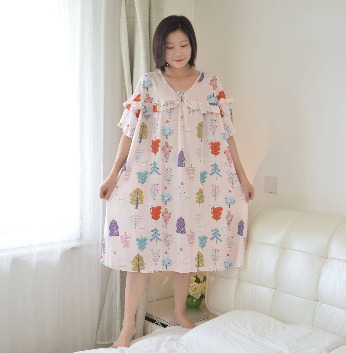 Halal Barn Maternal Fat MM Plus Mast Size Short Sleeves Cotton Silk Pure Cotton Sleeping Skirt Woman Loose Lengthened and Sleeping Suit 200 catty
