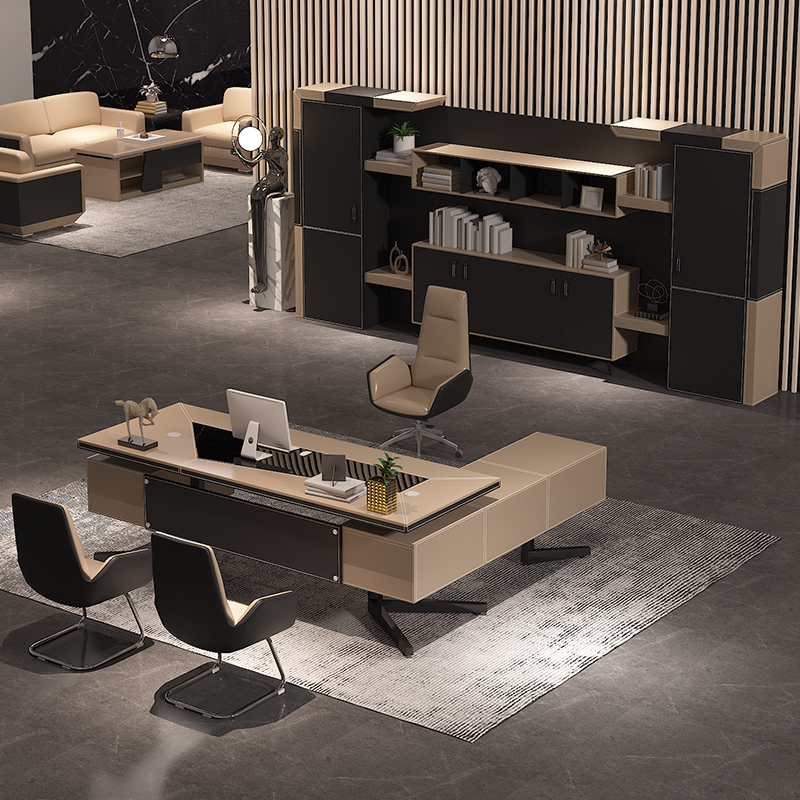 High-End Saddle Leather Boss Desk and Chair Set, Simple and Modern Executive Office, Light Luxury Executive Desk