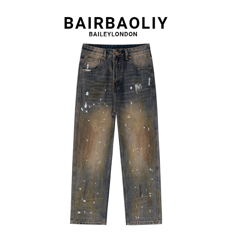 Bairbaoliy Vintage Distressed Splatter Ink Color-Blocked Jeans with Heavy Graffiti, Loose Harem High Street Casual Pants