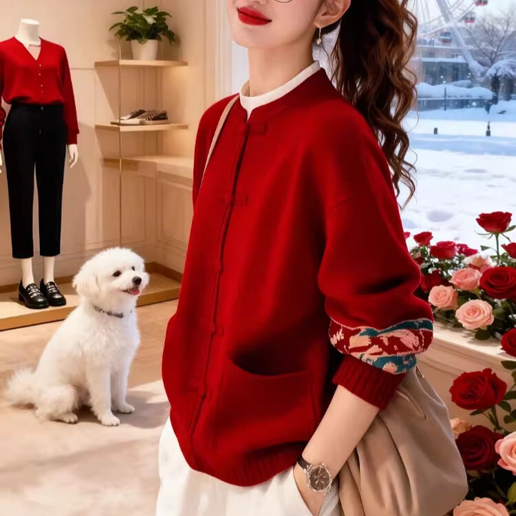 New Chinese-Style Red Knit Sweater for Women, Early Spring 2026 New Model, New Year Outfit, Lazy Style Sweater Jacket