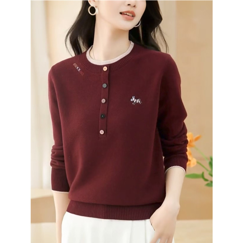 Round Neck Color-Blocked Button-Up Knit Sweater for Women, New Autumn and Winter Embroidered Sweater, Early Spring Loose Top, Base Layer Shirt