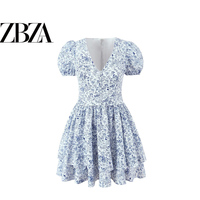 ZR European and American style foreign trade ZA women's French retro floral print temperament waist slim puff sleeve dress