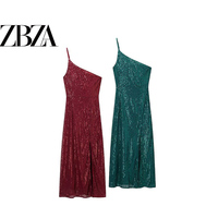 ZR European and American style foreign trade ZA women's fashionable sleeveless slope collar one-shoulder sequined long straight suspender dress