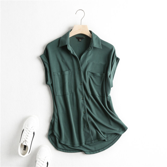 Spanish singles~Summer minimalist style, comfortable and smooth pockets with loose shoulder sleeves casual shirt tops for women