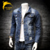 Hồng Kông phong cách nam giới áo khoác denim thêu thư áo khoác Slim retro mùa thu và mùa đông thanh niên ve áo sơ mi dài tay nam áo khoác nam Áo khoác