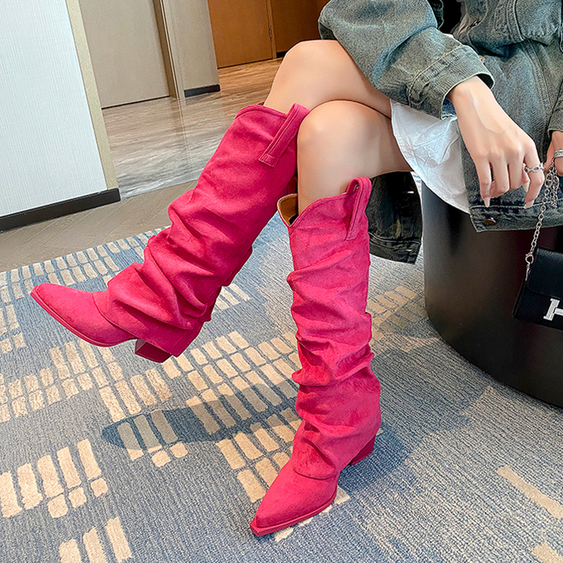 Wasteland Style Pleated High-Heeled Chunky Heel High Boots Women's Western Denim Tube Boots V-Cut Rose Red