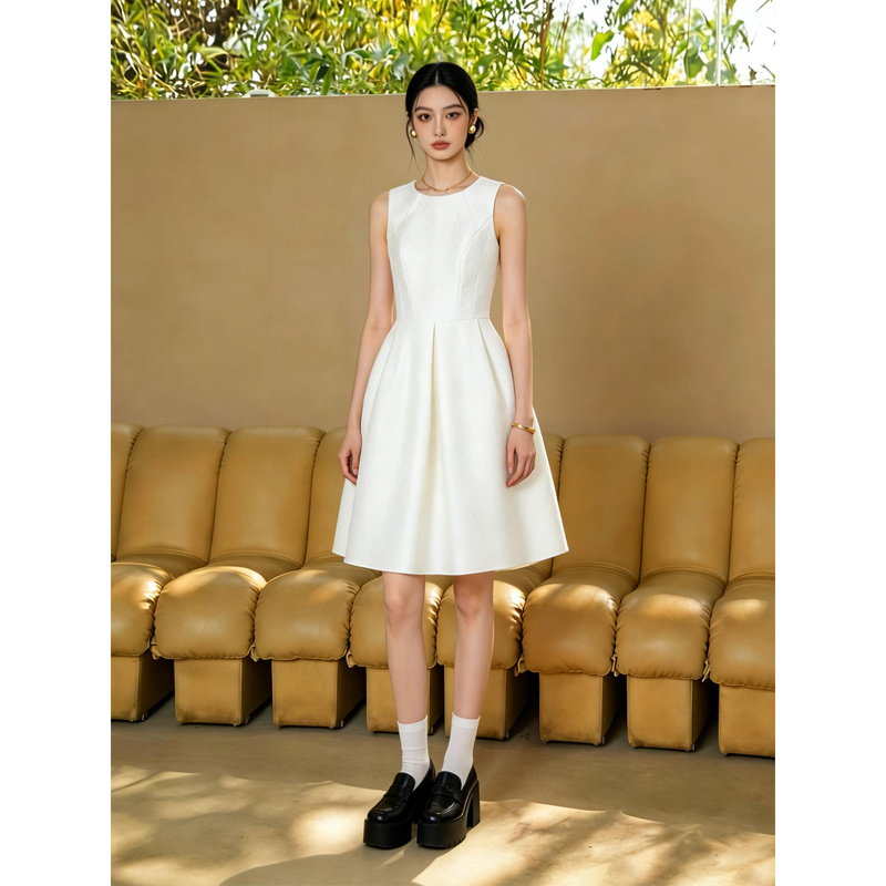 Mia Kerr French-Style Sleeveless Dress for Women, Summer White Waist-Cinching Hepburn-Style Little Black Dress, Mid-Length A-Line Skirt