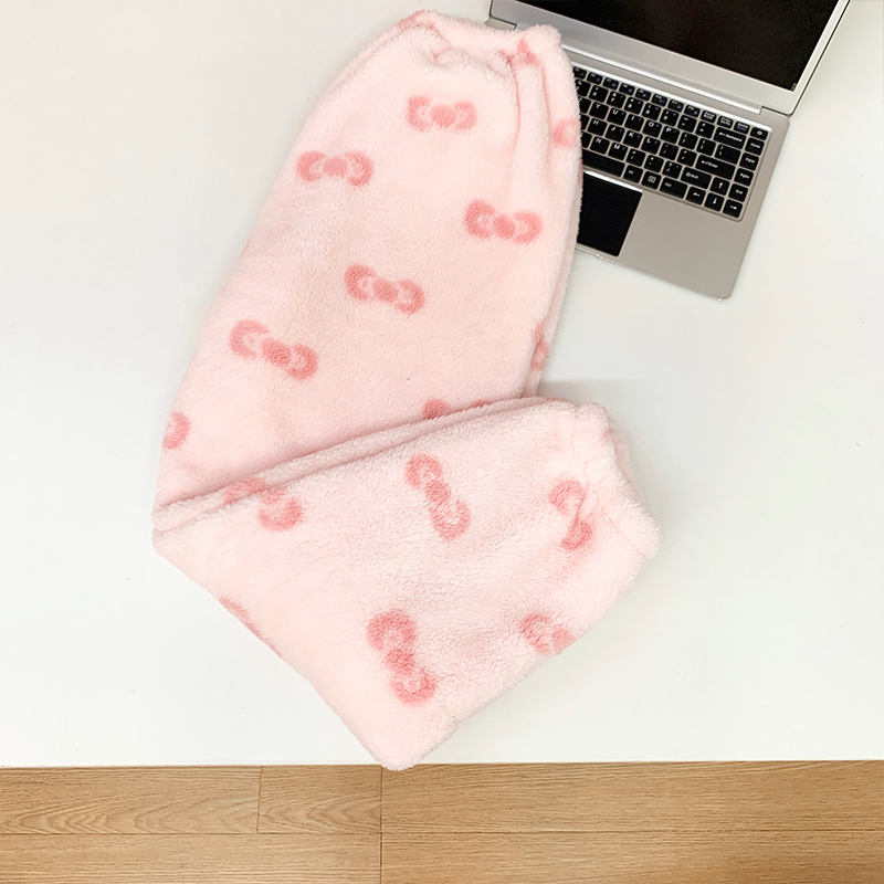 Coral Fleece Bow-Knot Pajama Pants for Women, Winter Fleece-Lined Thick Warm Pants, Autumn and Winter Flannel Solid Color Plush Home Pants