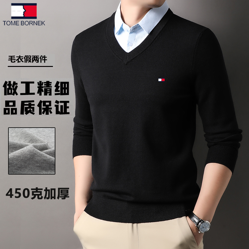 Tommy Hilfiger Autumn and Winter V-Neck Knit Sweater for Men, Faux Two-Piece, Warm and Thick, Business Casual Shirt Sweater