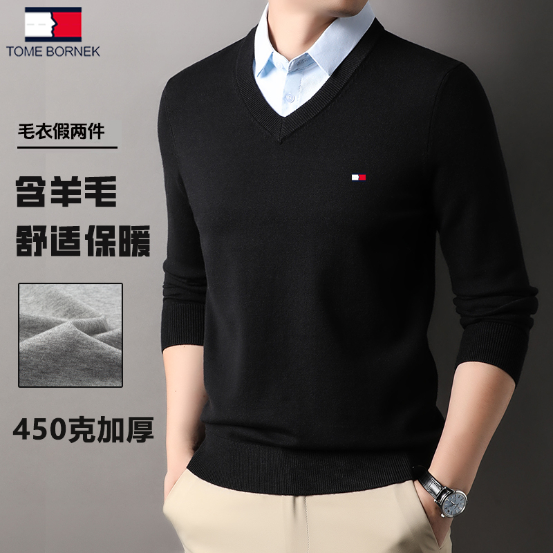 Tommy Hilfiger Autumn and Winter Wool Sweater for Men, Faux Two-Piece V-Neck Knit Sweater, Warm and Thickened Business Shirt Sweater