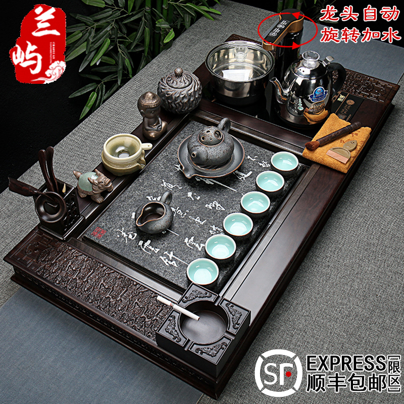 Ebony Wood and Black Gold Stone Tea Tray Tea Set with Automatic Rapid Heating Stove, Complete Kung Fu Tea Set for Home Use