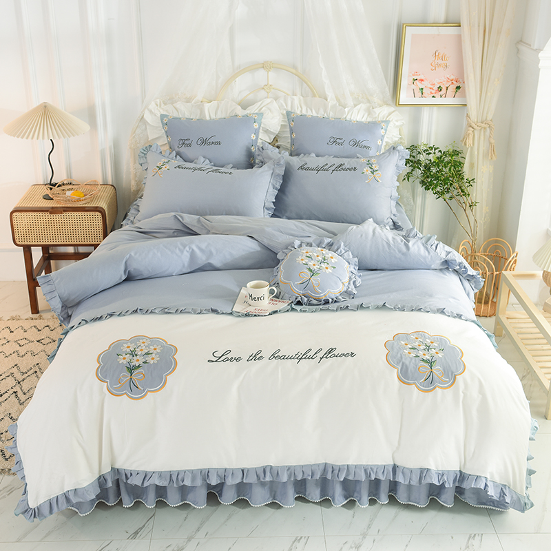 Ins Korean cotton four-piece set dress princess style bedspread cover with lace embroidery bedding 4