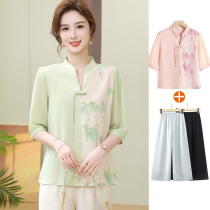 Moms summer clothes 2024 new suit fashionable mid-sleeve shirt middle-aged and elderly womens summer style versatile age-reducing tops