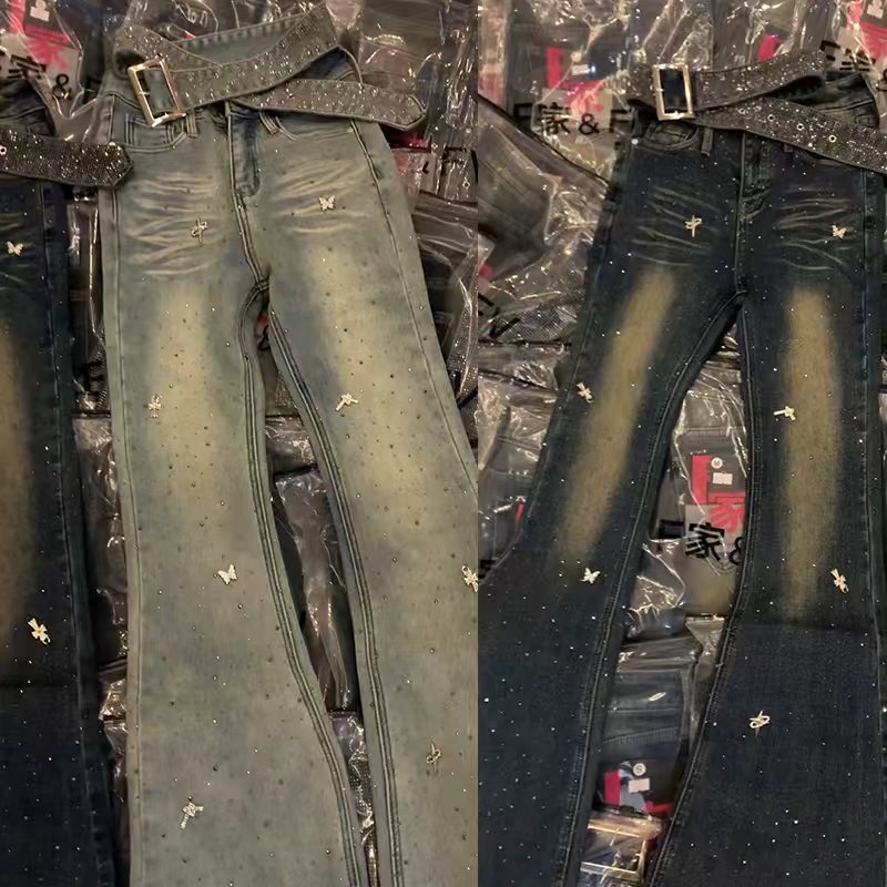 Blue Flared Jeans for Women, Fashionable with Rhinestones, High-Waisted, Slimming, 2026 Spring New Design, Floor-Length Pants