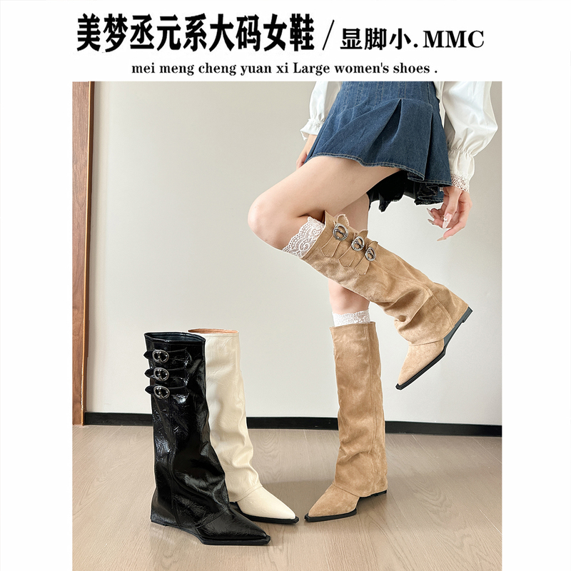 Dreamy Cheng Wedge-Heeled Fashion Boots for Women, Over-The-Knee White Pointed-Toe Bootcut Boots, Wide Calf Long Boots, Riding Boots