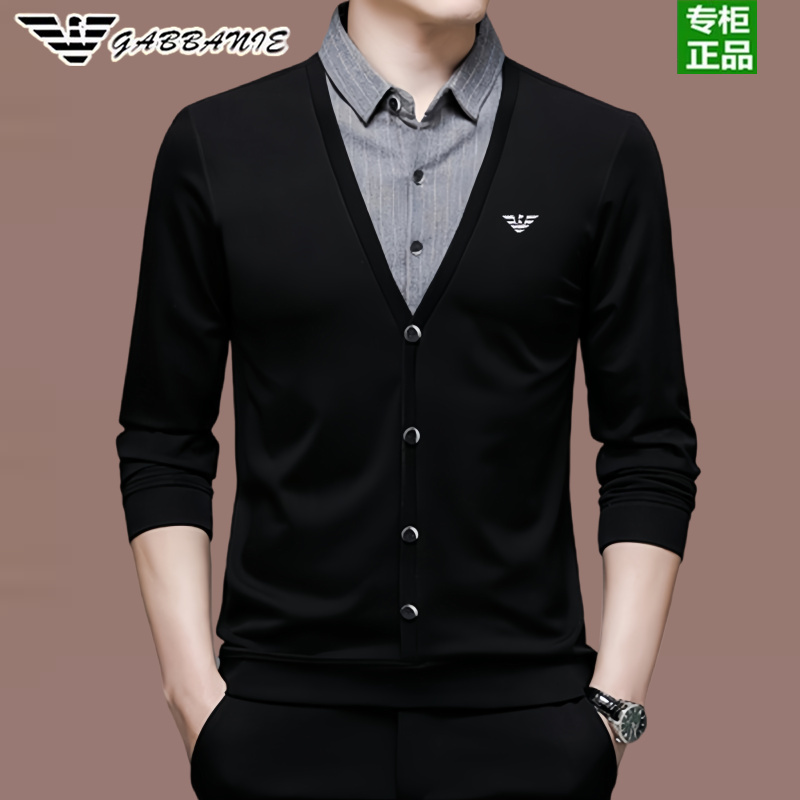 Authentic Italian 2026 Autumn and Winter New Men's Long-Sleeve T-Shirt, Faux Two-Piece Base Shirt with Fleece Lining and Shirt Collar