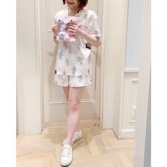 Japan gp cartoon bear short sleeve pajamas silky thin home clothing shorts suit