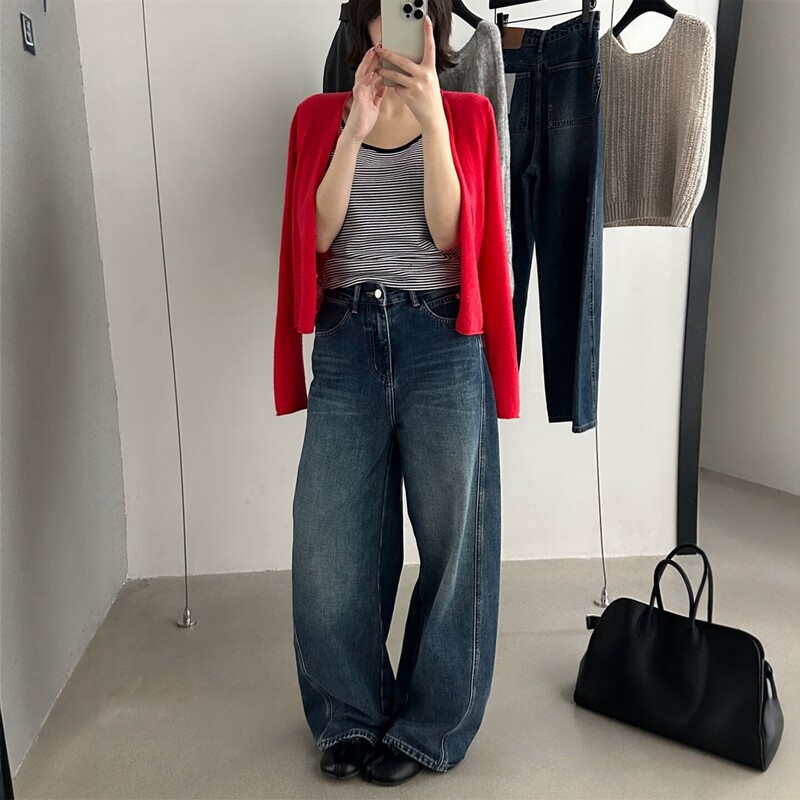 Ap Winter Korean Style Wide-Leg Jeans for Women, Loose High-Waisted, Slimming, Versatile Straight-Leg Curved Knife Pants, Mi Jie Pants 6912