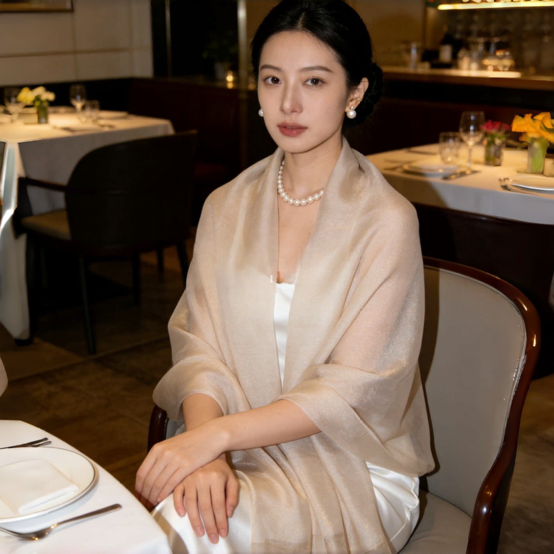 French Coor Keva Champagne Fashion Versatile Double-Layer Silk Scarf Gold Silk Dress Cheongsam Shawl Sun Protection for Women