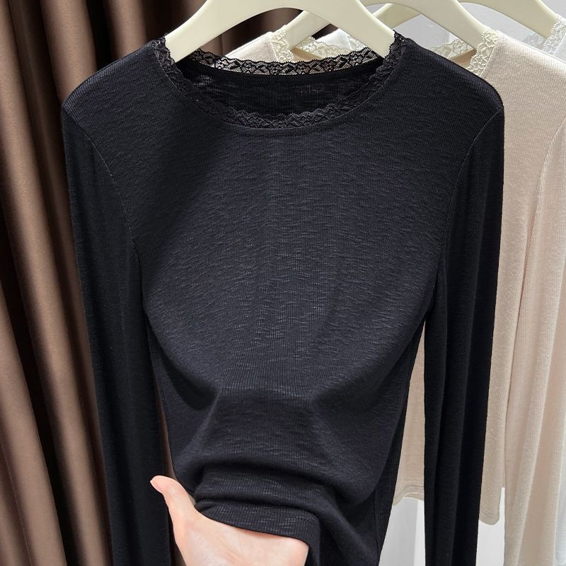 Modal Top, New Autumn Style, Korean Style, Large Size, Loose Fit, Round Neck, Lace Splicing, Versatile Base Shirt Modal Top, New Autumn Style, Korean Style, Large Size, Loose Fit, Round Neck, Lace Splicing, Versatile Base Shirt