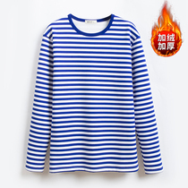Winter velvet thickened sea soul shirt mens long-sleeved cotton navy wind t-shirt sweater blue and white striped sailor suit