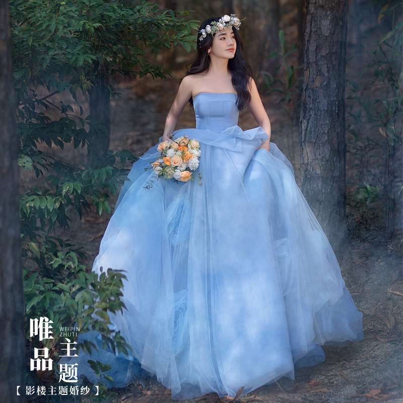 New Photo Studio Theme Clothing, Colorful Gauze Tube Top, Forest Style Couple Blue Wedding Dress, Flower Lawn Dress