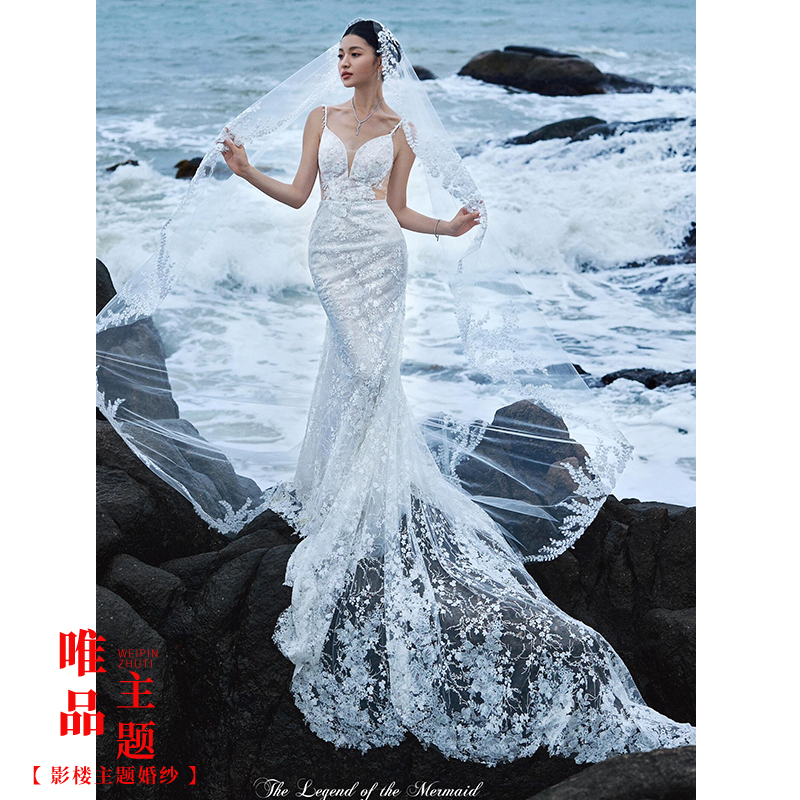 Photo Studio Travel Photography Light Gauze Seaside Reef Lace Wedding Photography Studio Photo Shoot Spaghetti Strap Fishtail Backless Dress