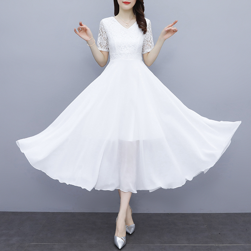 White Fairy-Like Lace Dress for Women, New Summer Short-Sleeved Waist-Cinching Elegant Long Dress, V-Neck Chiffon Flared Beach Dress White Fairy-Like Lace Dress for Women, New Summer Short-Sleeved Waist-Cinching Elegant Long Dress, V-Neck Chiffon Flared Beach Dress