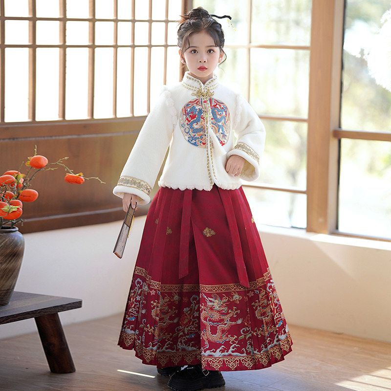 Dragon Phoenix in Xiangma Noodle Skirt Suit Girl Autumn Winter Thickening country Wind Han clothes Tangclothing 2024 New Year Children's New Year's clothes-Taobao