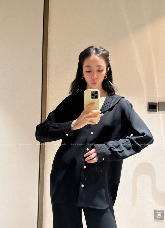 American Niche Designer 26 Spring/Summer Navy Collar Black Acetate Blend Loose Long-Sleeve Shirt for Women