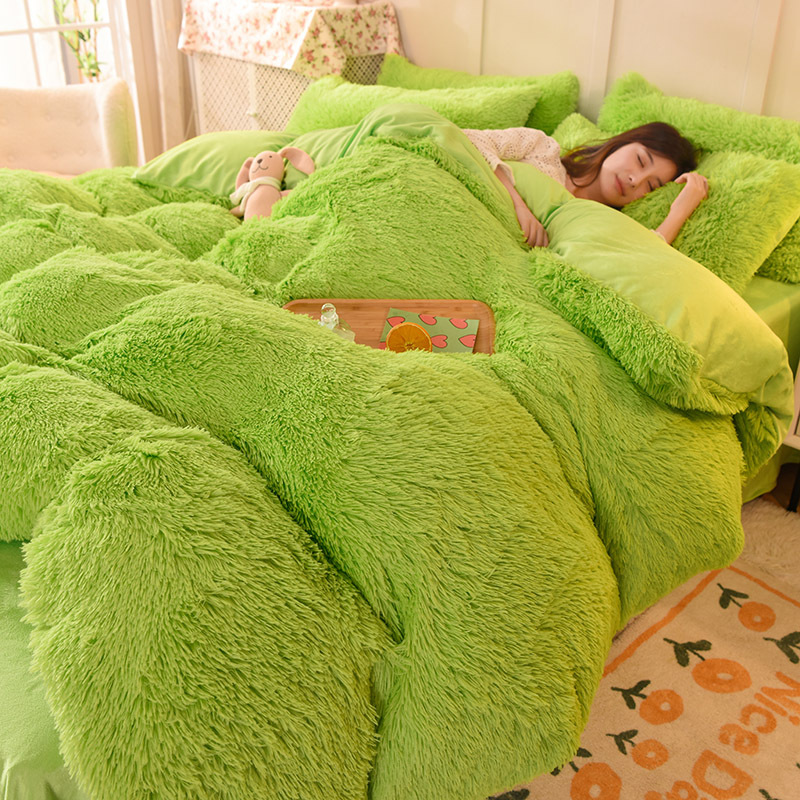 Grass Green Four-Piece Set Coral Velvet Winter Mink Velvet Duvet Cover Double-Sided Velvet Milk Velvet Bed Sheet Flannel Fitted Sheet
