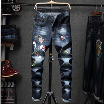 Spring jeans mens trend Joker slim feet pants Korean youth elastic mens pants embroidered flower and bird trousers
