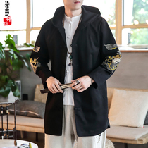 Autumn Chinese style medium long windbreaker mens coat coat Tang clothing dragon robe embroidery Ancient Han Clothing cloak mens clothing