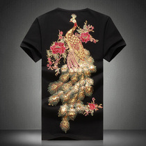 2021 National Tide Summer Sequin Peacock Embroidery Short Sleeve T-Shirt Size Men Phoenix Half Sleeve Round Neck Body Size