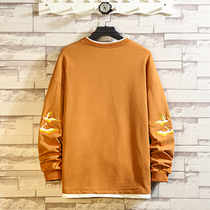 Autumn and winter mens new Chinese style crane embroidery base shirt tide men fake two clothes large size loose coat tide