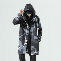 Spring and Autumn new long windbreaker mens crane print Chinese style hooded cape large size coat mens youth