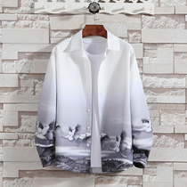 Water-ink-style printed shirt male 2021 new fall trendy mens clothing in the country wind clothes casual long sleeves