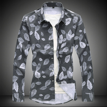 2021 Autumn loaded with new male trend elastic long sleeve leaf printed shirt plus fattening for yard casual beating undershirt