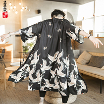 Large size mens Hanfu Tang clothing Chinese style summer thin kimono sunscreen shirt cloak retro long crane trench coat