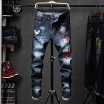 tide 2021 new plum blossom embroidered peach blossom jeans mens Chinese style niu zi long pants spring broken hole beggar pants