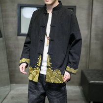 China Wind Mens Clothing Gufeng Tang Dress Jacket Fall Mens Big Code Hanfu Retro Embroidery Pan Buttons Blouses Zhongshan clothing