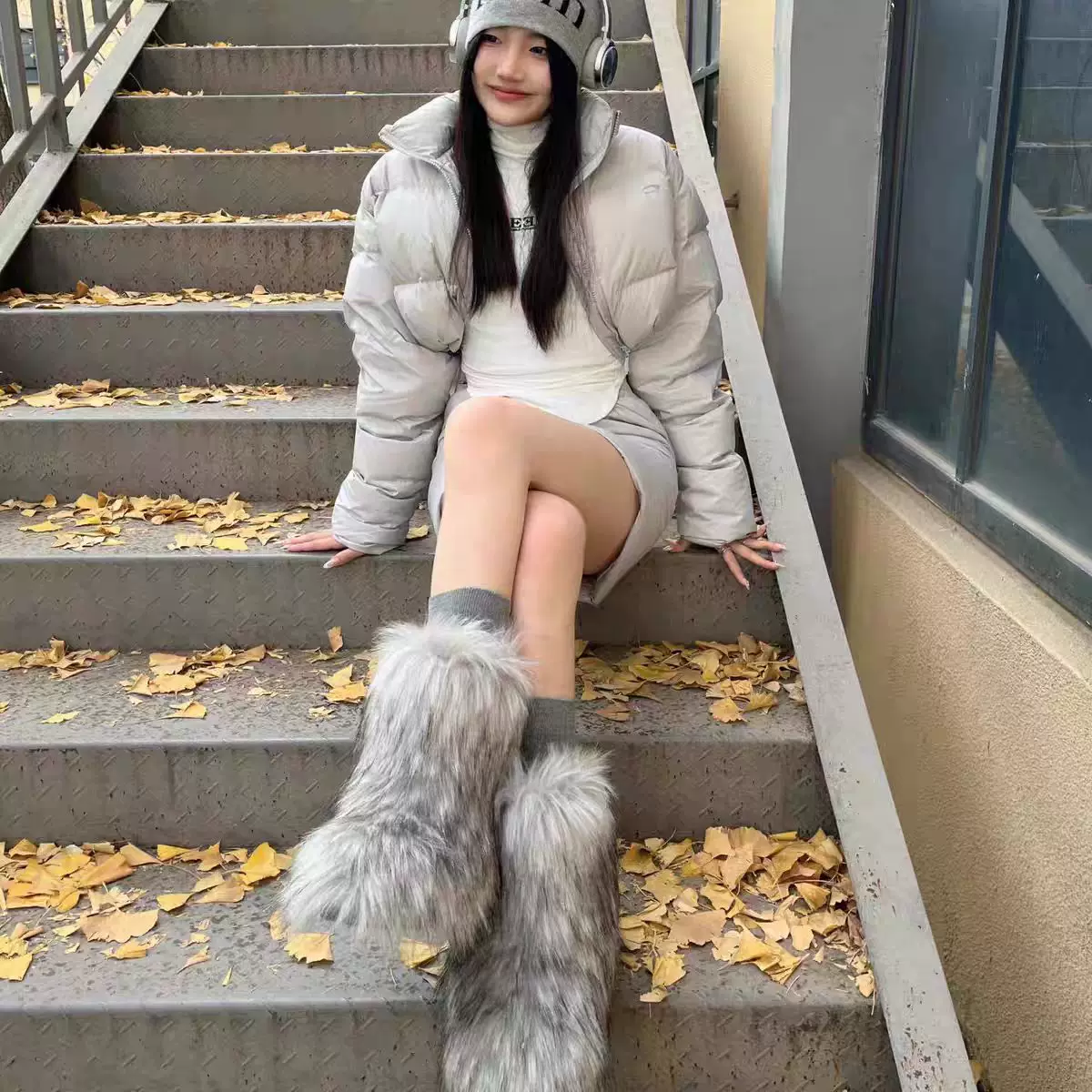 Пуховики-ботинки GAL Mao Mao Snow Boots Winter Winter New Spicy Girl Set Thicked Improved Improved Portrait Fox Mao Ping Меховая подошва сапоги