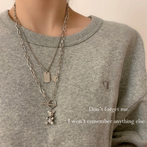 Small Bear Sweater Chain Woman Autumn Winter Long Style Small Crowddesign Sensation 2021 New Tide Cool Titanium Steel Bilayer Necropolis Necklace