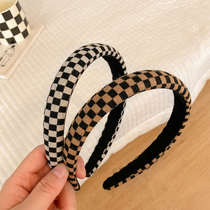 Chessboard Plaid Hair Hoop Female Autumn Winter Fasting style retro head stir-card with high cranial top wide edge 100 hitch to go out to the grottoes