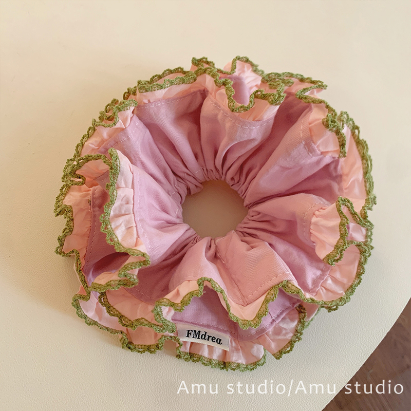 Heavy-Duty Pink Lace Double-Layer Scrunchie for Women, Sweet Hair Tie for Bun Hairstyle, Low Ponytail Hair Tie