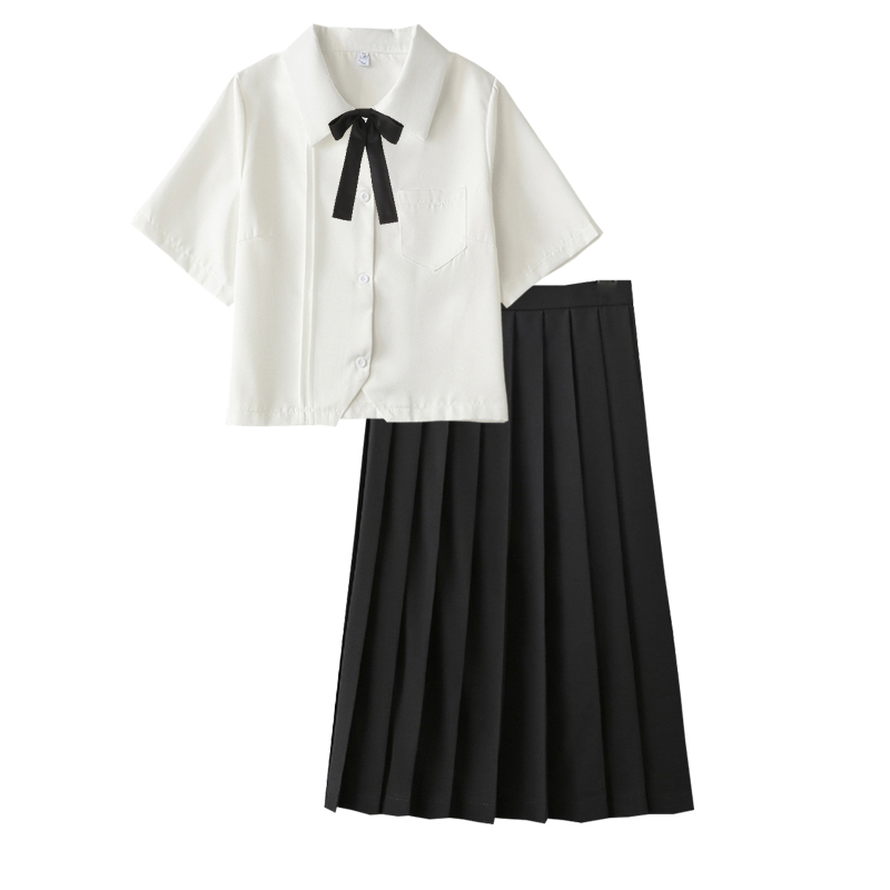 Long Skirt Petite Suit for Women, Japanese School Style Class Uniform, Pleated Skirt, Long High-Waisted Slimming Accordion Pleats, White Shirt