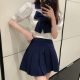 Pure and sweet suit female summer new age-reducing bow top + pleated skirt hot girl jk uniform two-piece