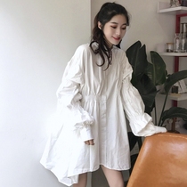 Hong Kong style long irregular waist long sleeve shirt dress women spring autumn 2021 New shirt skirt