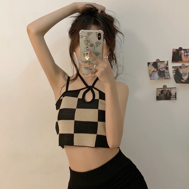 Checkerboard halter neck camisole for women